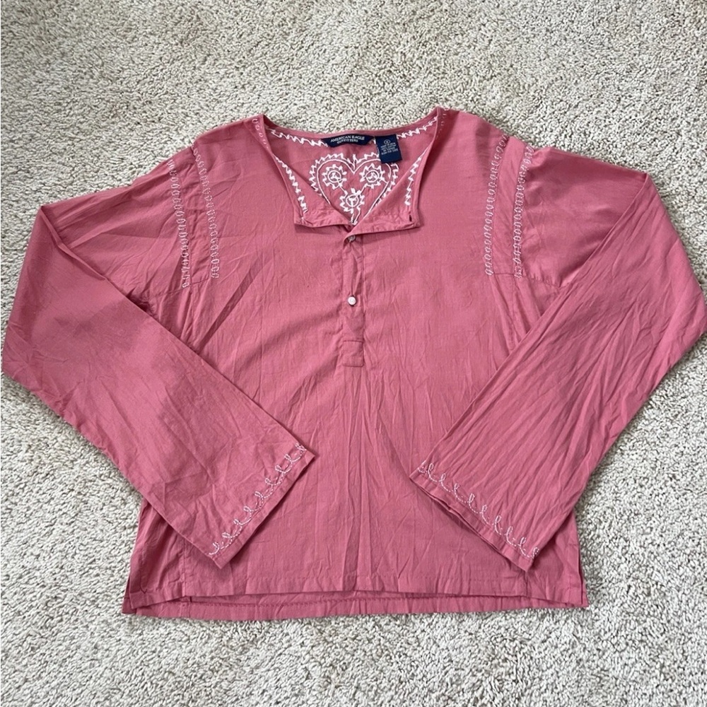 American Eagle Pink Embroidered Boho Peasant Top Size S